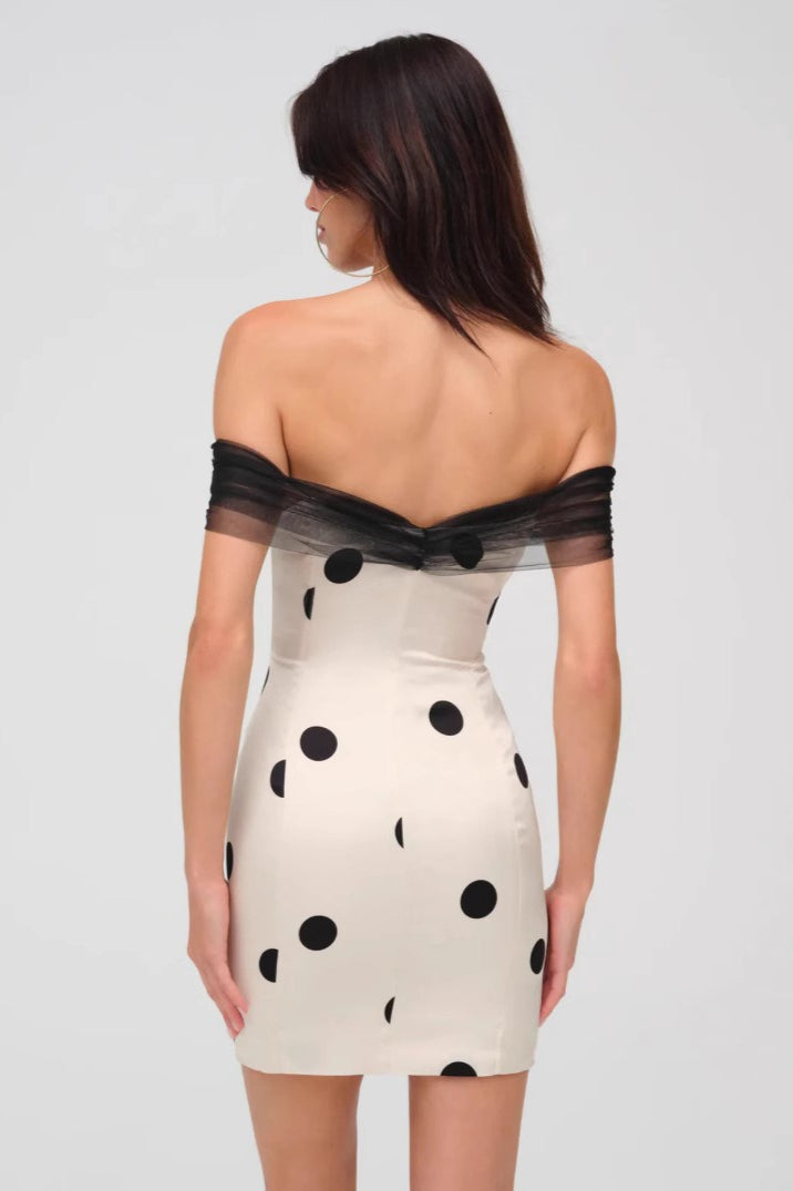 Polka Dot Off-the-Shoulder Mesh Overlay Ruched Button Front Mini Dress 2