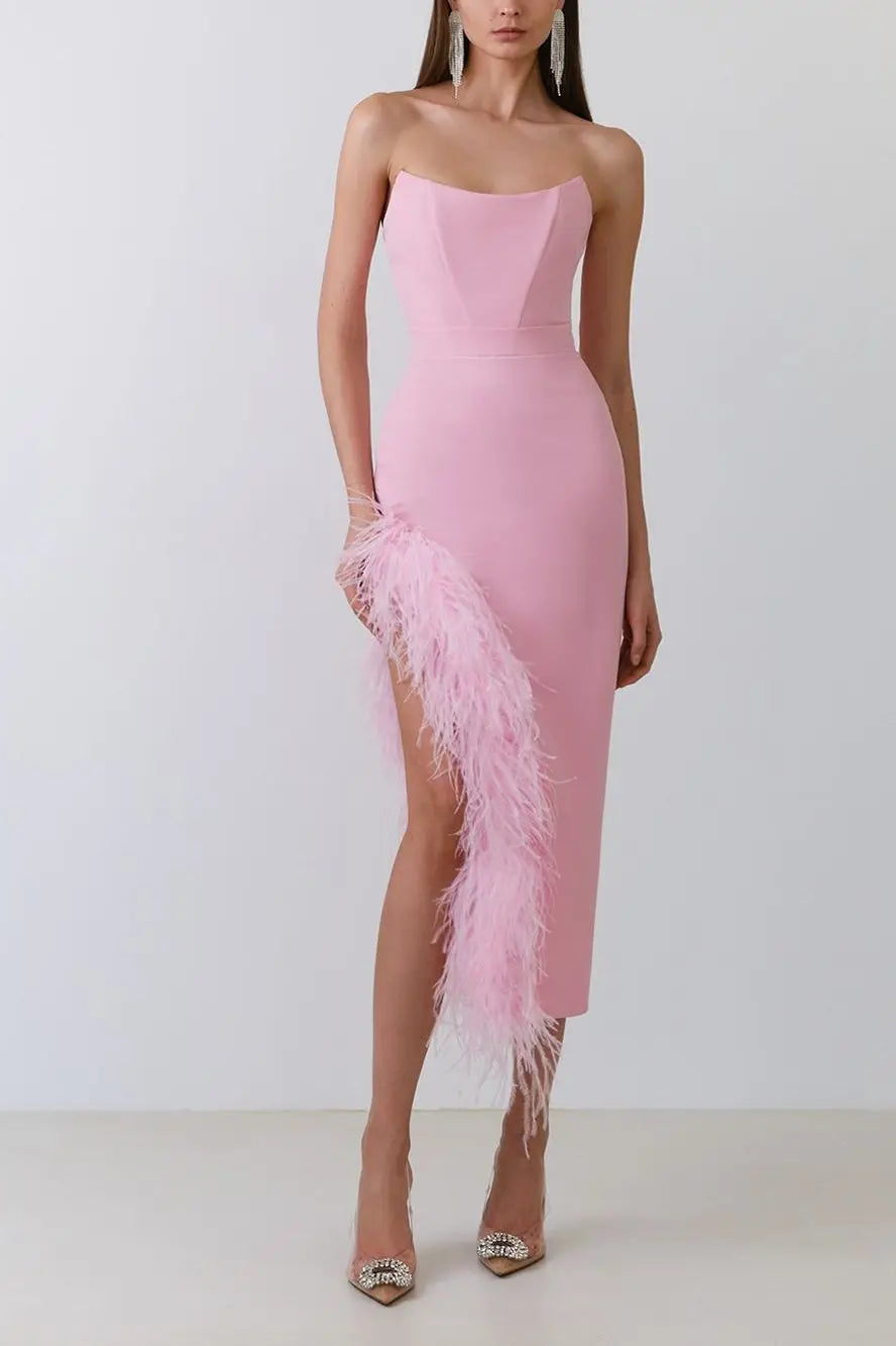 Feather Trim Corset-Boned Sweetheart Strapless High Slit Bodycon Midi Dress 2