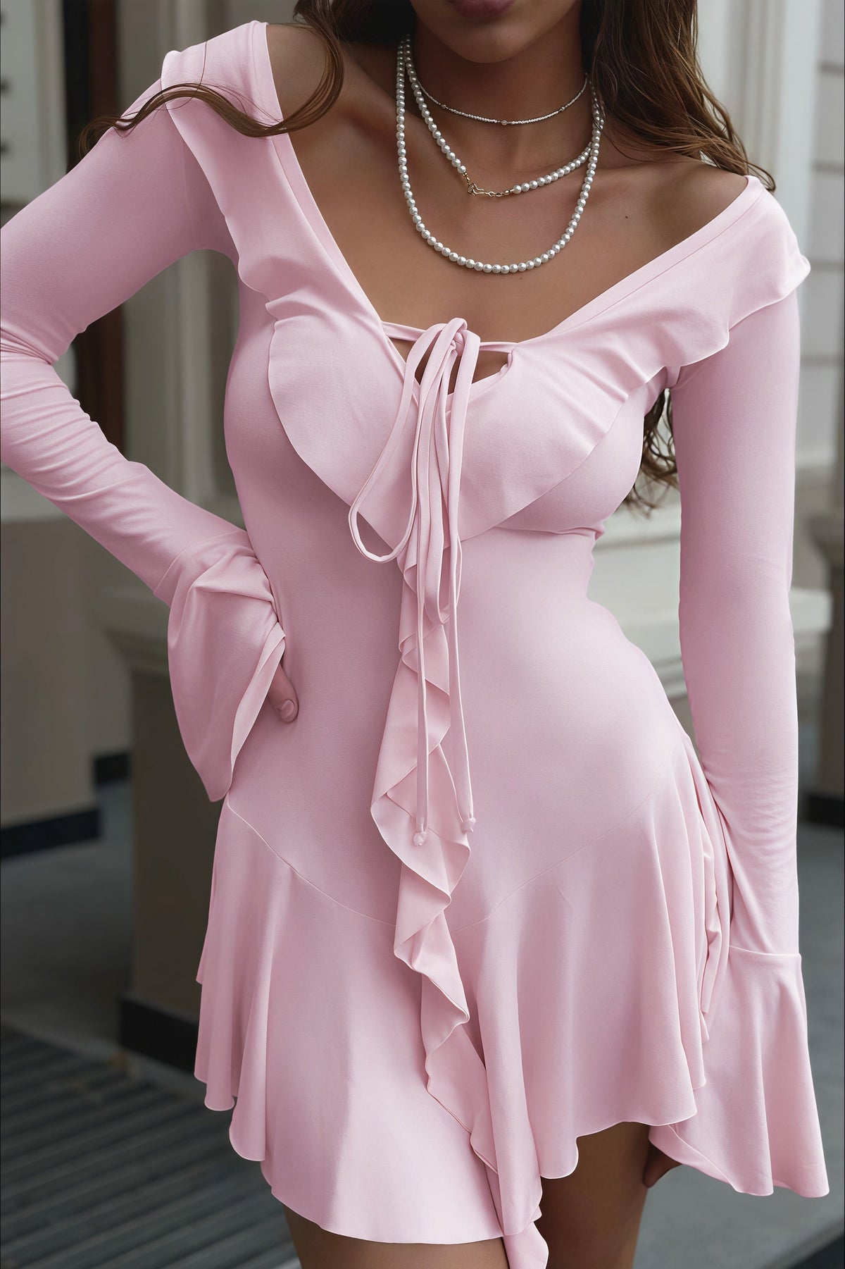 Plunging V-Neck Tie Front Ruffle Trim Bell Sleeve Mini Dress 4