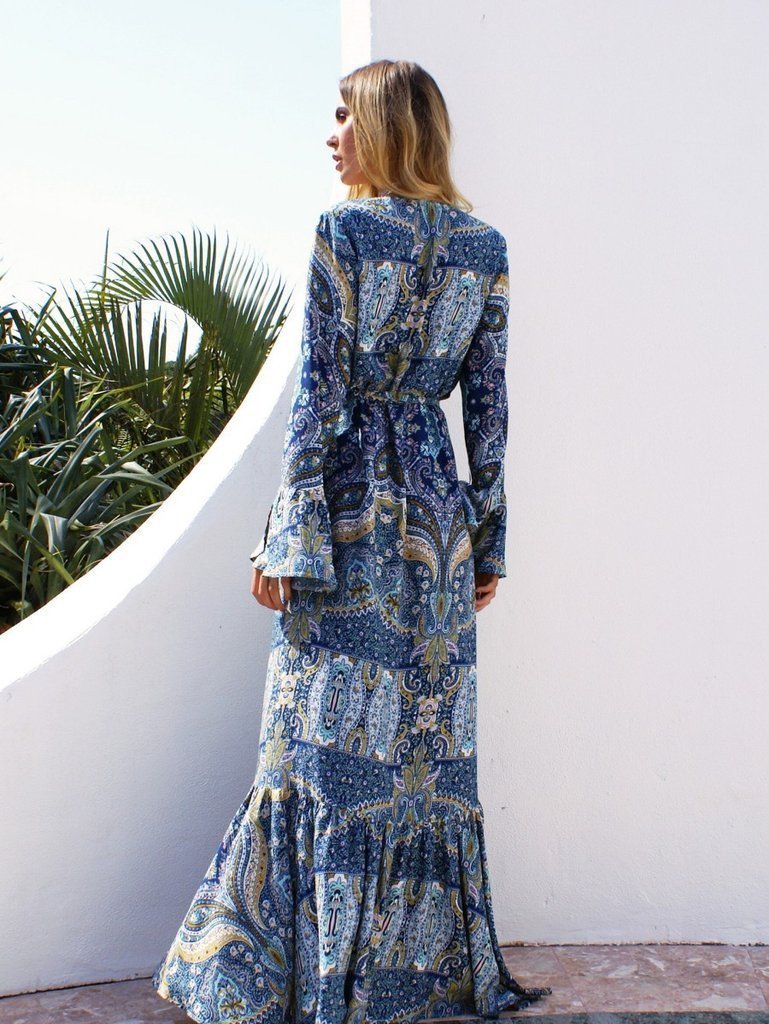 V Neck Bell Sleeve Paisley Print Wrap Tie Tiered Slit Maxi Dress 5