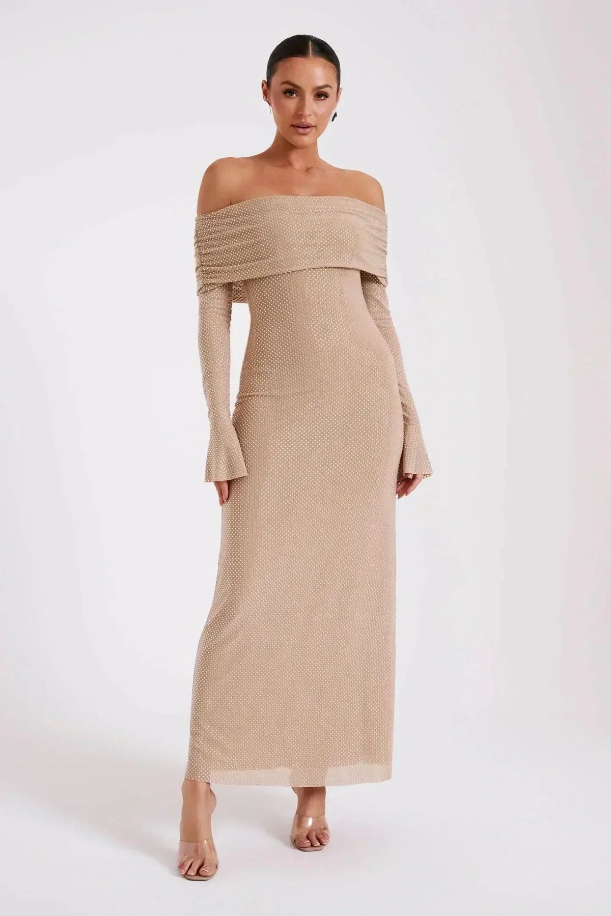 Off-Shoulder Fold-Over Bardot Bell Sleeve Shimmer Bodycon Maxi Dress 4