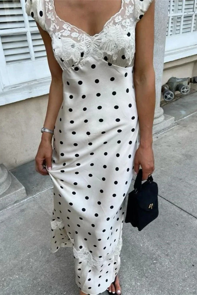 Polka Dot Satin Sweetheart Neck Lace Cap Sleeve Bustier Lace Band Hem Maxi Dress 2