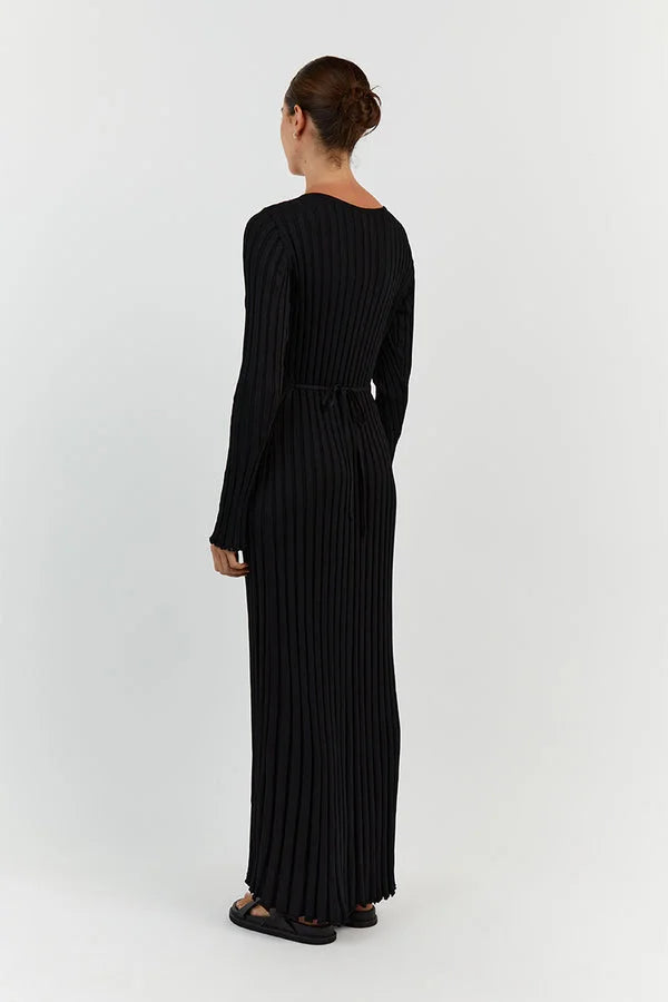 Rib Knit Deep V-Neck Long Sleeve Lettuce Hem Column Maxi Dress 9