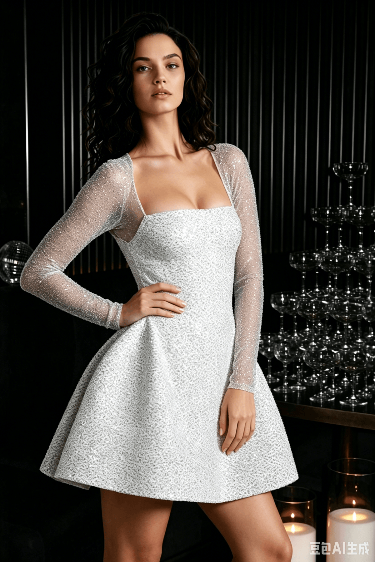 Square Neck Sheer Mesh Long Sleeve Sequin Flared Mini Dress