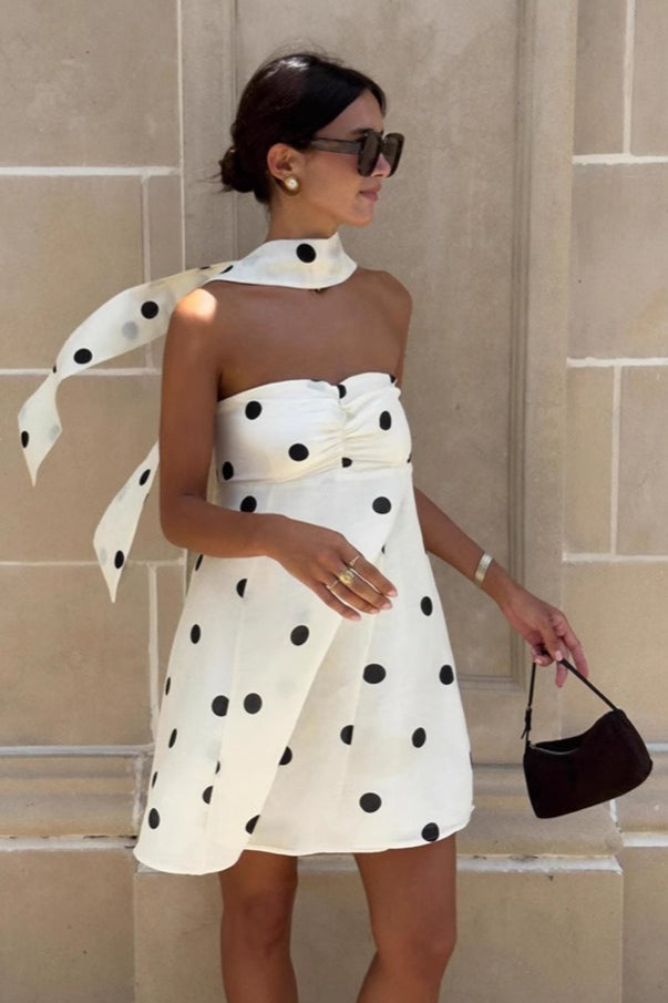 White Strapless Bandeau Polka Dot Mini Dress