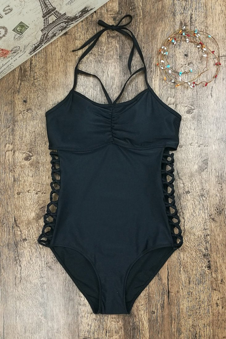 Black Strappy Crisscross Caged Halter Sexy One Piece Swimsuit