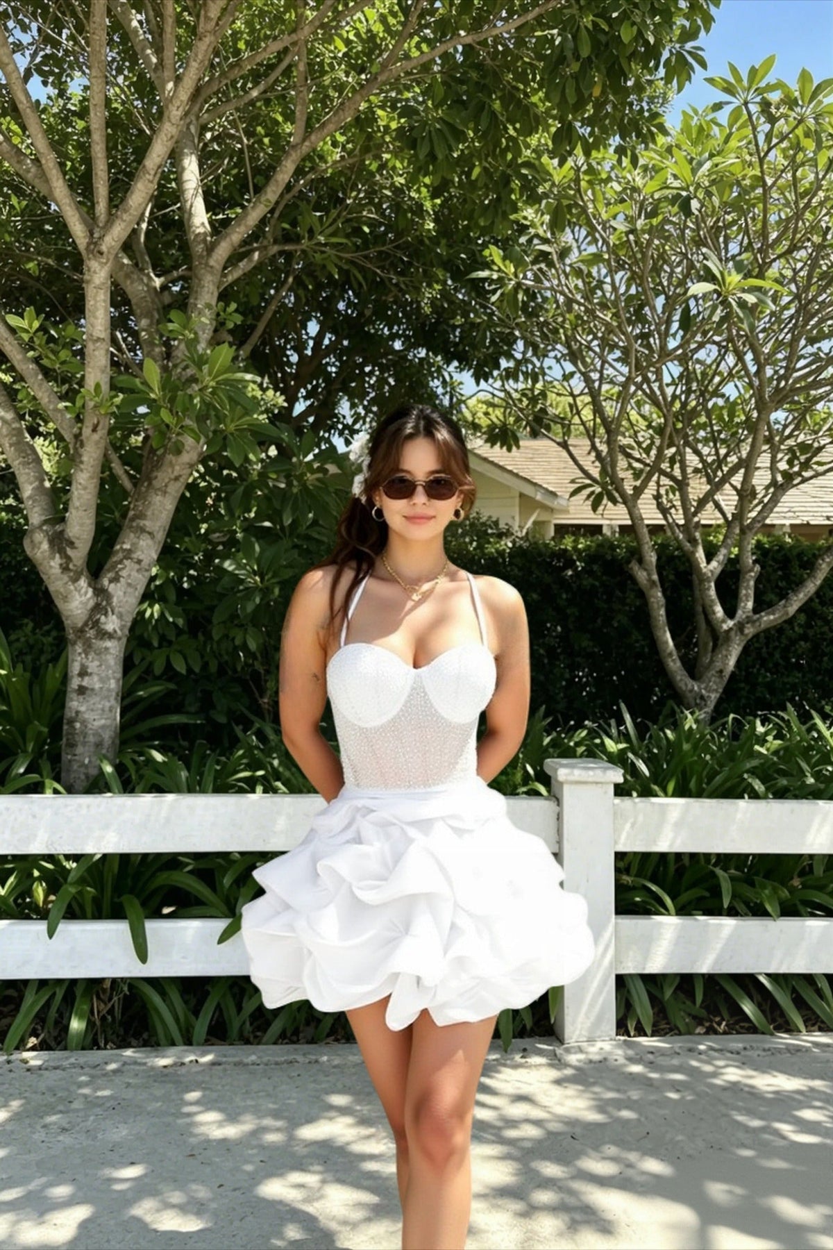 Rhinestone Corset Bustier Spaghetti Strap Tiered Ruffle Babydoll Mini Dress 5