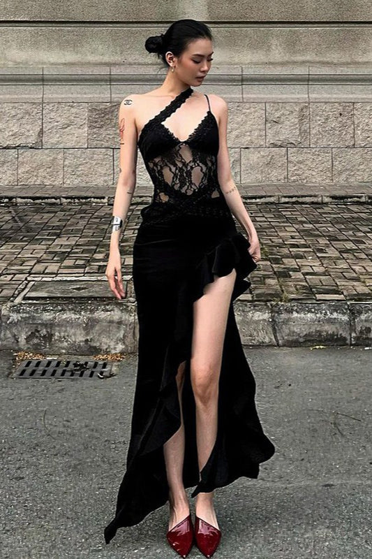 Asymmetric Lace Panel Deep V-Neck Cut Out High Split Ruffle Trim Mini Dress 2