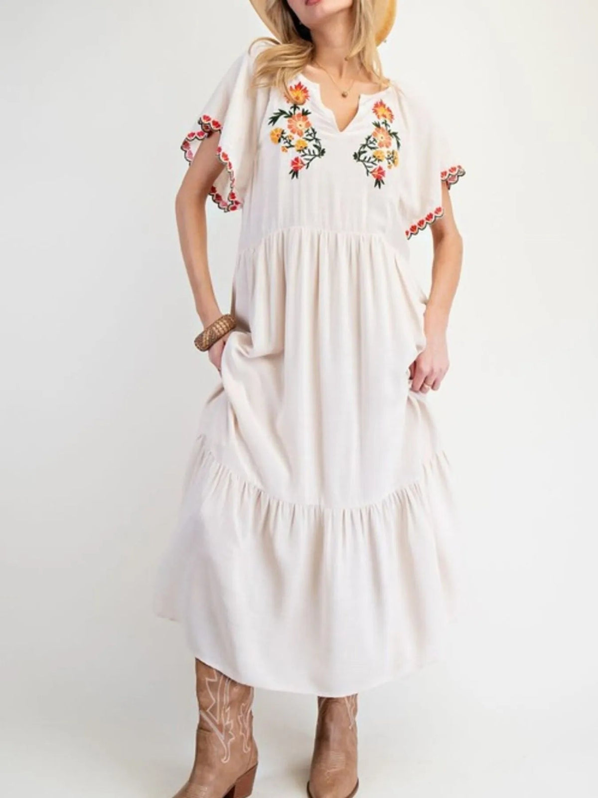Floral Embroidered V-Neck Short Sleeve Tiered Maxi Dress 2