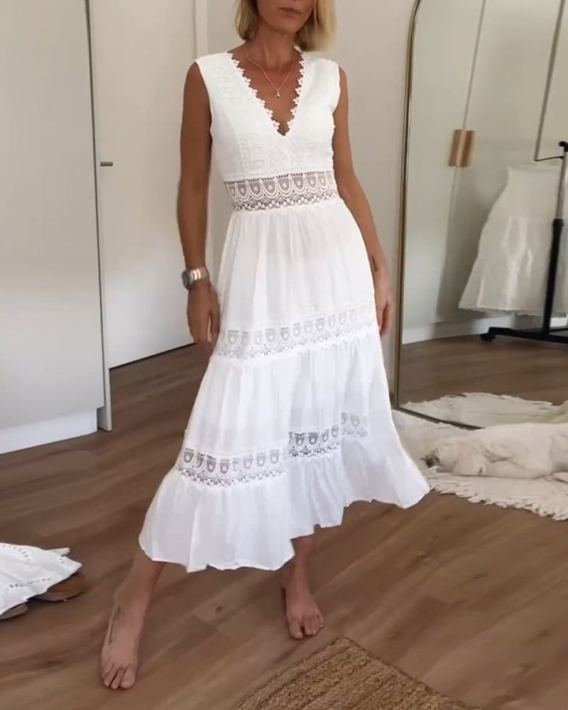 Deep V Neck Scalloped Lace Trim Tiered Crochet Insert Midi Dress