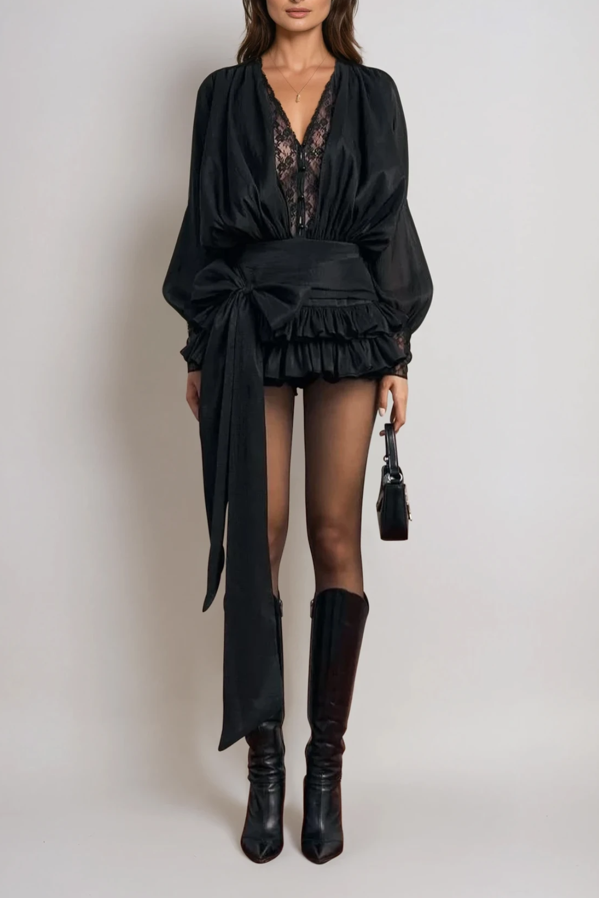 Deep V Lace Insert Puff Sleeve Bow Tie Ruffle Mini Dress