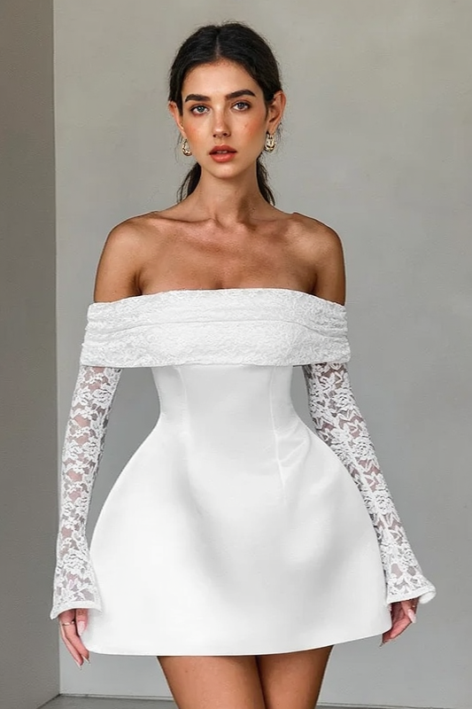 Lace Bardot Off-Shoulder Seamed Corset Flared Mini Dress