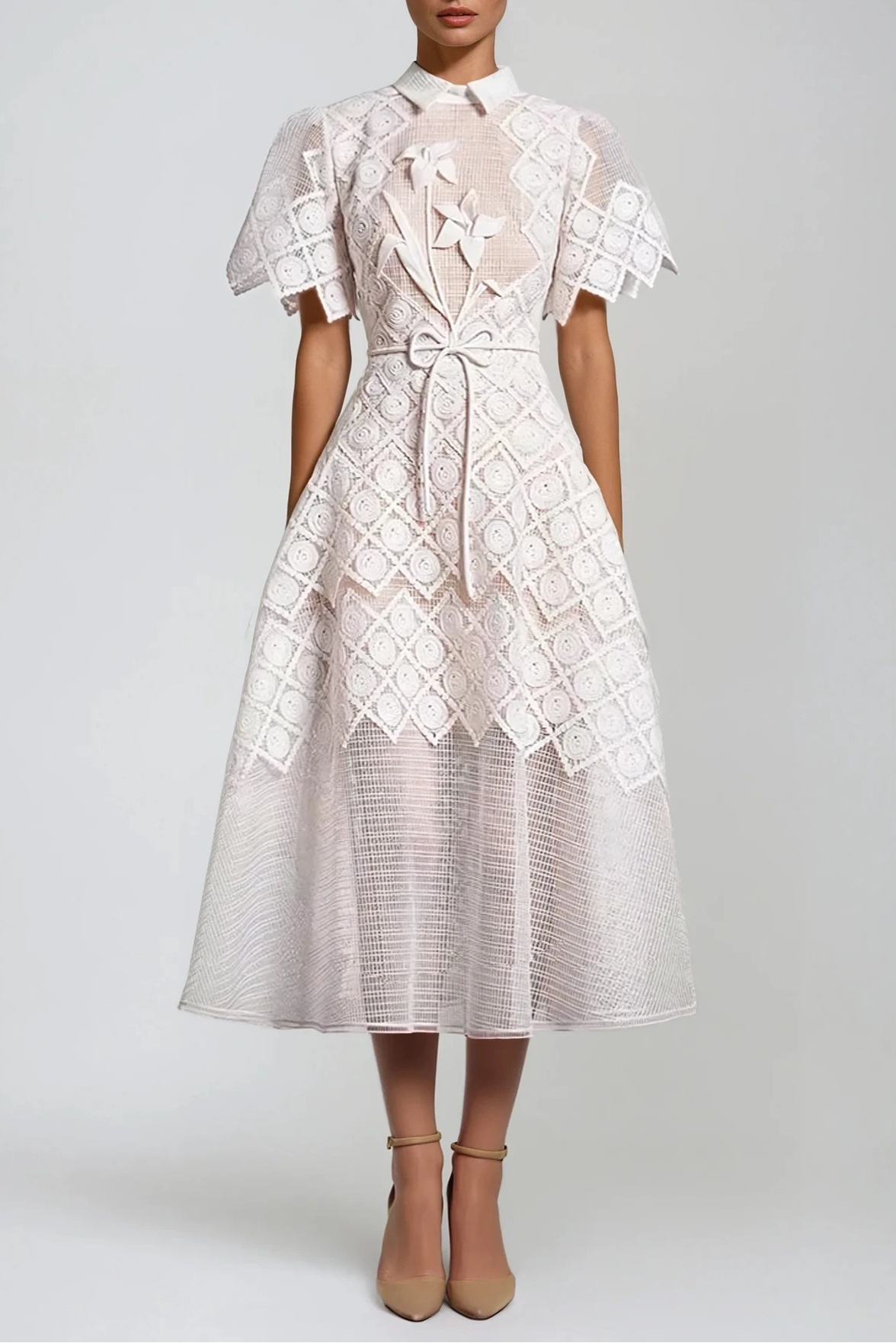 Pointed Collar Mesh Bodice 3D Floral Lace Butterfly Sleeve Midi Dress