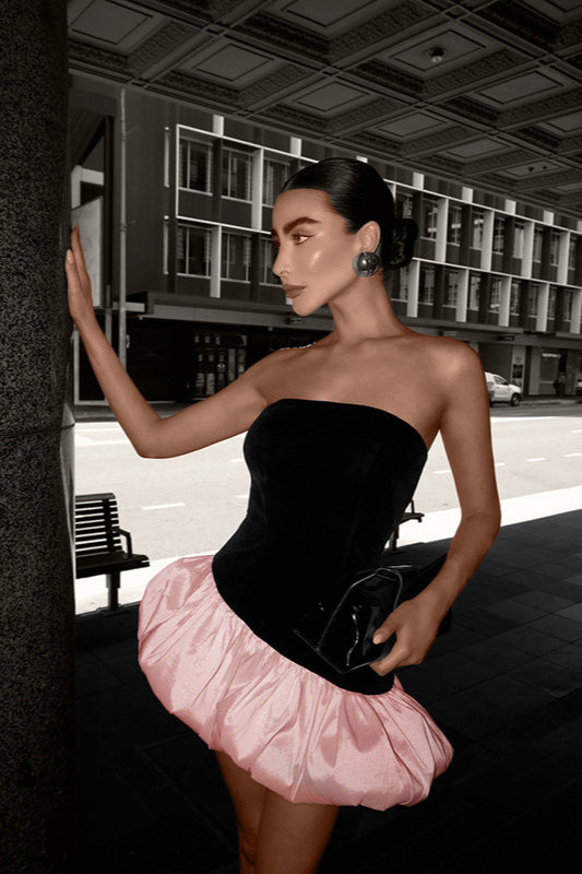 Velvet Paneled Strapless Bubble Hem Mini Dress 3