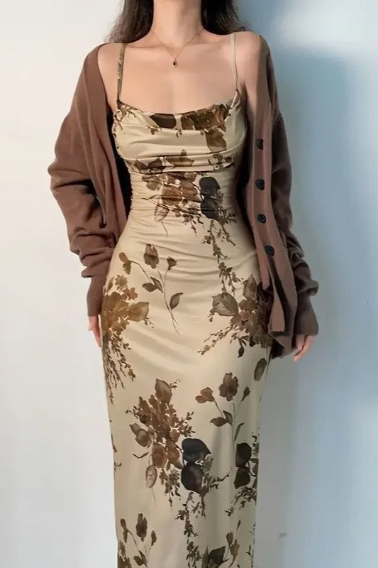 Floral Print Spaghetti Strap Square Neck Satin Slip Midi Dress 2