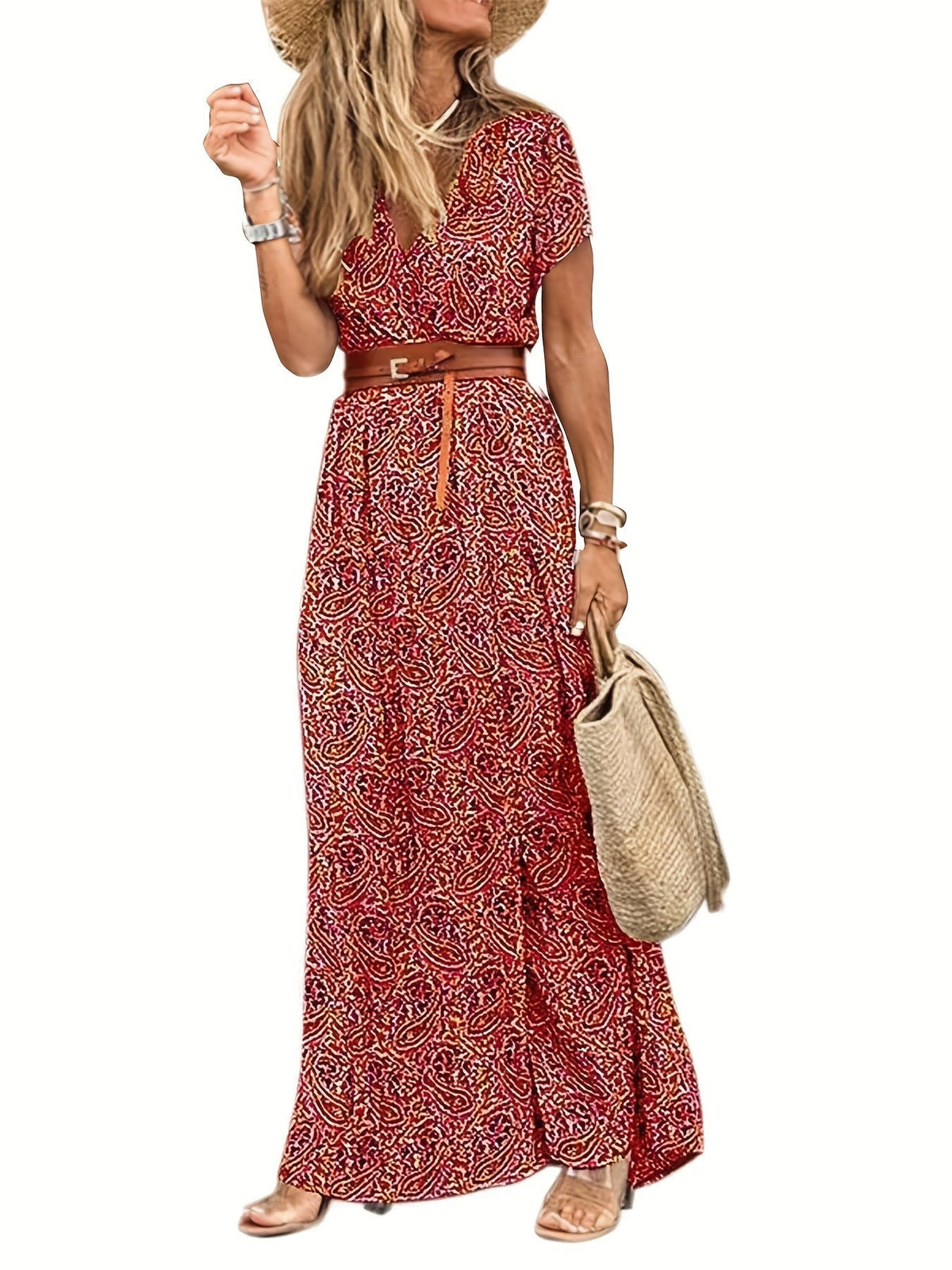Paisley Print V-Neck Short Sleeve Belted Side Slit Maxi Dress 2