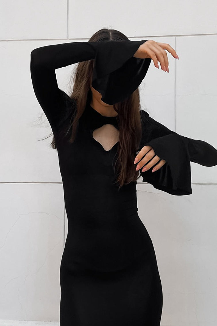 Mock Neck Keyhole Cutout Long Sleeve Flared Cuff Bodycon Maxi Dress 3