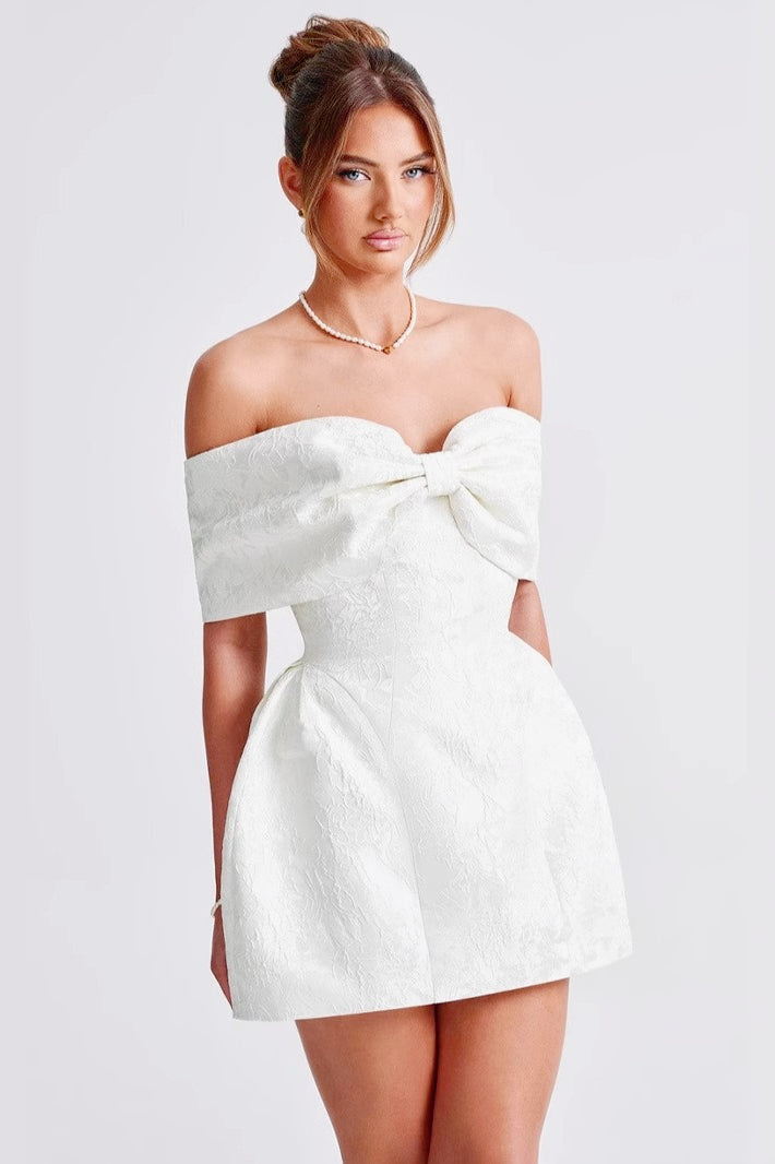 Jacquard Off Shoulder Bow Bustier Fit and Flare Mini Dress 3
