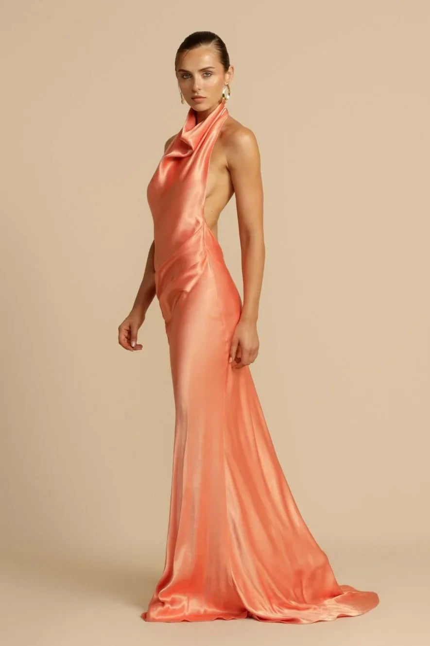 Satin Halter Neck Cowl Draped Bias Cut Trumpet Maxi Gown 3