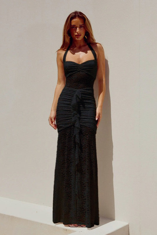 Lace Sweetheart Ruched High Slit Ruffle Trim Maxi Dress 3