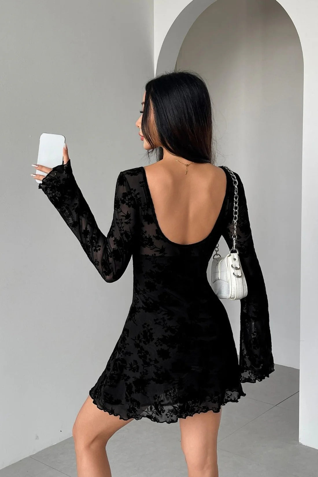 Scoop Neck Bow Tie Keyhole Cutout Burnout Velvet Floral Bell Sleeve Mini Dress 4