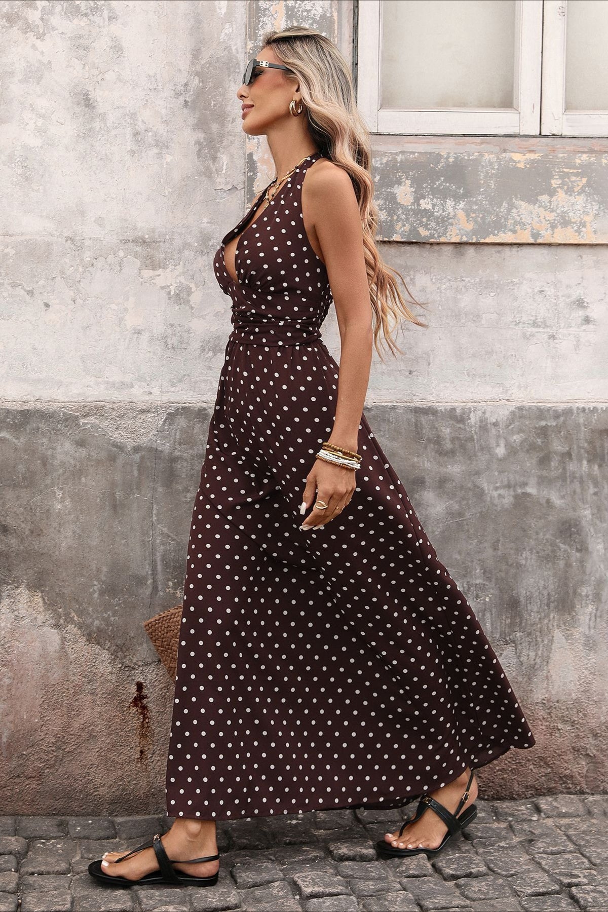 Deep V Halter Neck Polka Dot A Line Maxi Dress 2