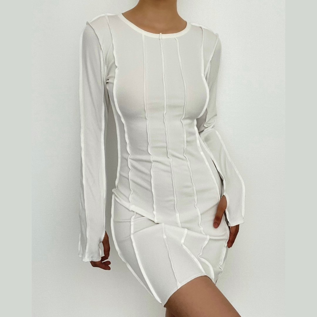 Exposed Seam Thumbhole Sleeve Crew Neck Bodycon Mini Dress