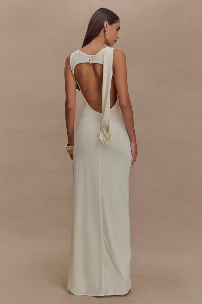 High Neck Ruched Crossover Drape Hip High Slit Jersey Maxi Dress 4