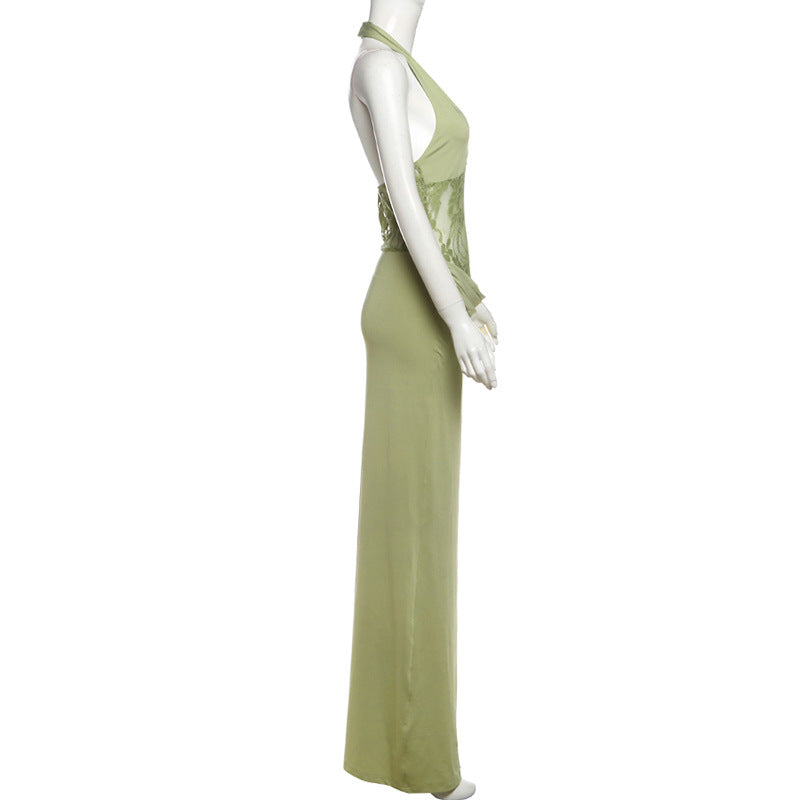 Halter V Neck Lace Panel Draped Cowl Maxi Dress 9