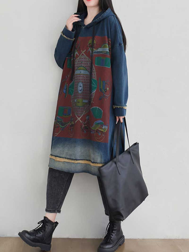 Hooded Drawstring Frayed Hem Graphic Print Oversized Sweatshirt Midi Dress 11