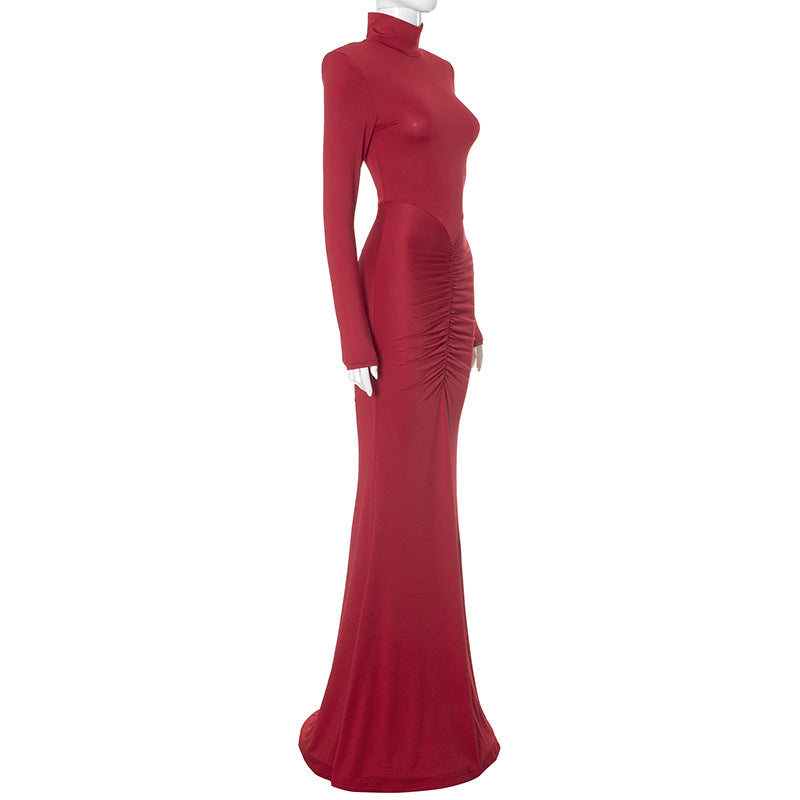 Mock Neck Long Sleeve Front Hip Knot Draped Pleated Maxi Dress 9