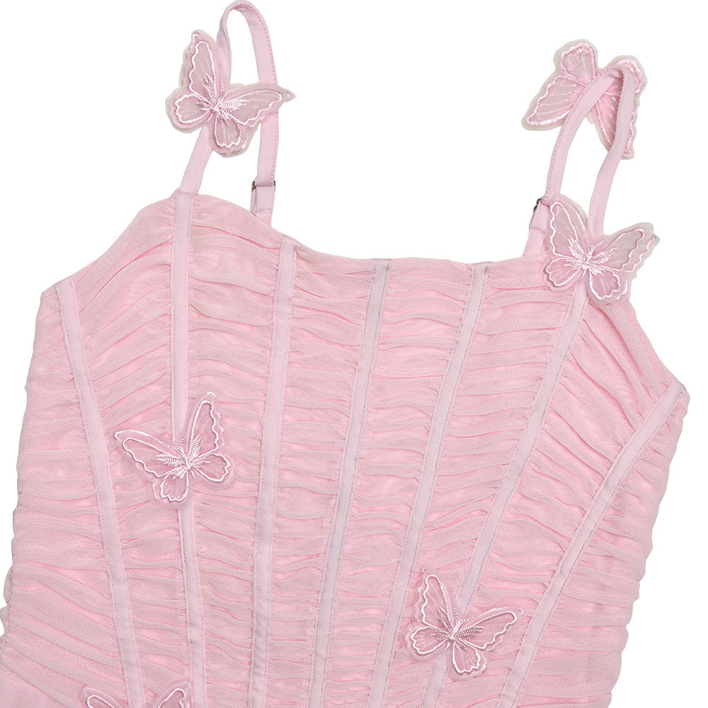 Spaghetti Strap Butterfly Applique Corset Boned Ruched Mermaid Maxi Dress 9
