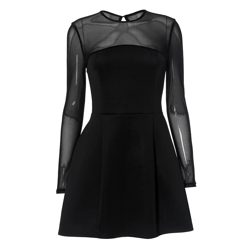 Mock Neck Mesh Yoke Long Sleeve Flared Mini Dress 9