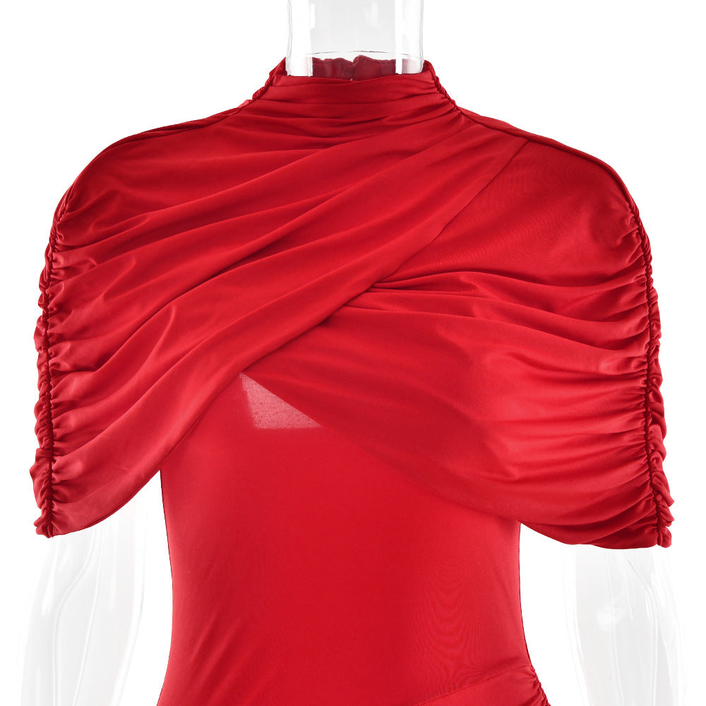 Mock Neck Draped Shoulder Ruched Asymmetrical Midi Dress 9