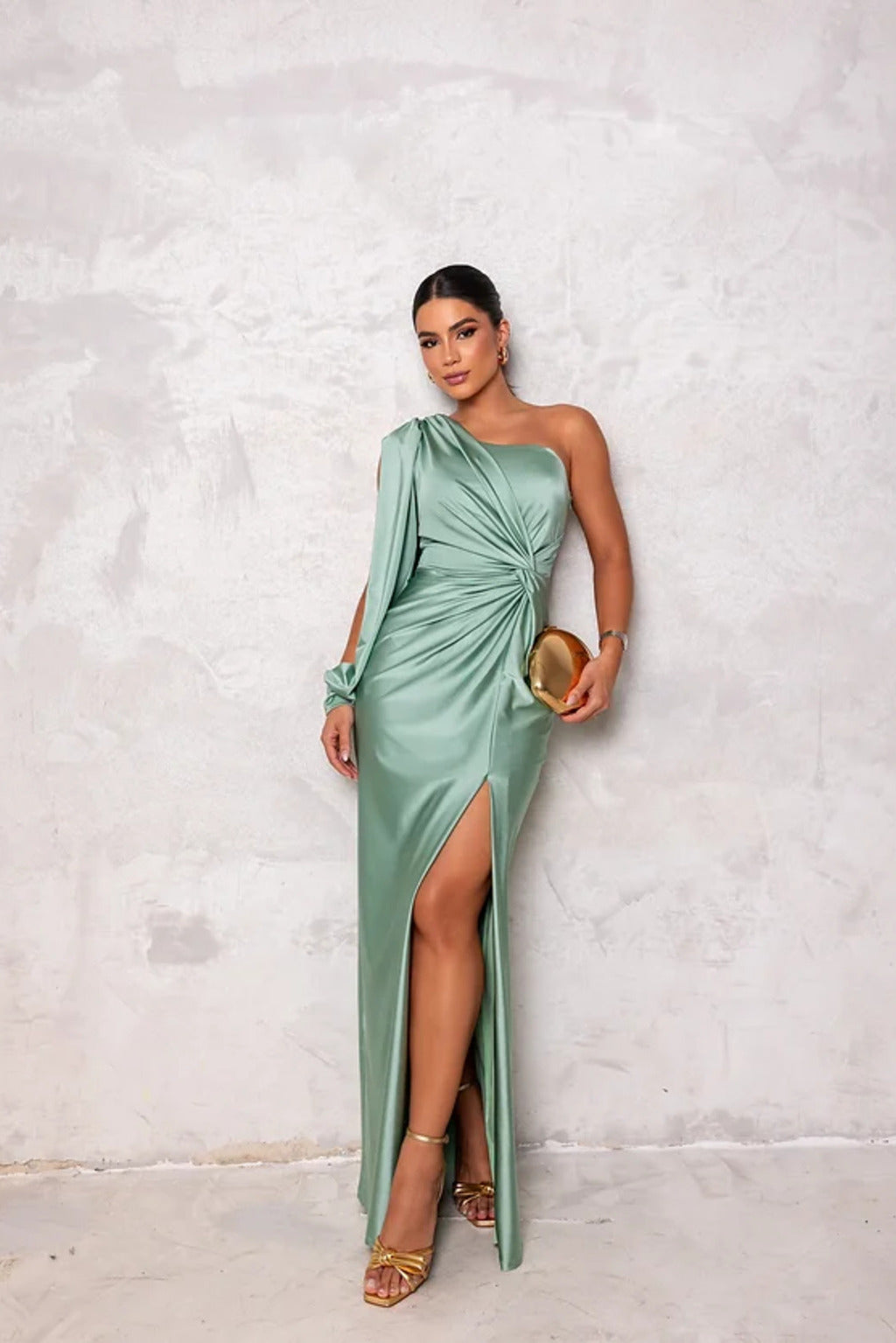 One Shoulder Draped Sleeve Ruched Waist High Slit Satin Maxi Dress 17
