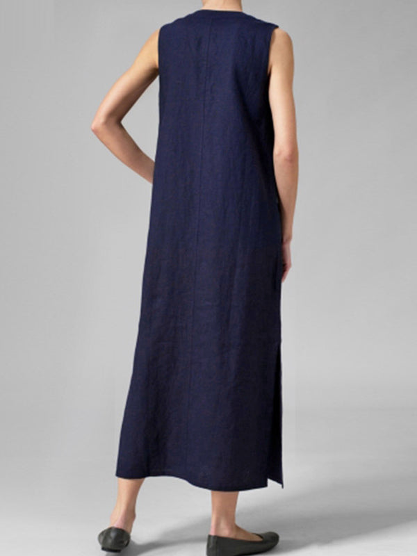 Sleeveless Notched Collar Button Front Linen Maxi Dress with Side Slits 9