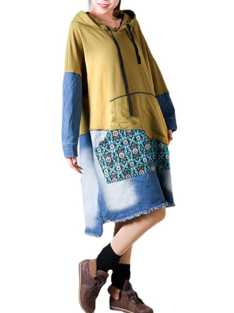 Hooded Long Sleeve Patchwork Denim Jersey Mixed Media High Low Midi Dress 3