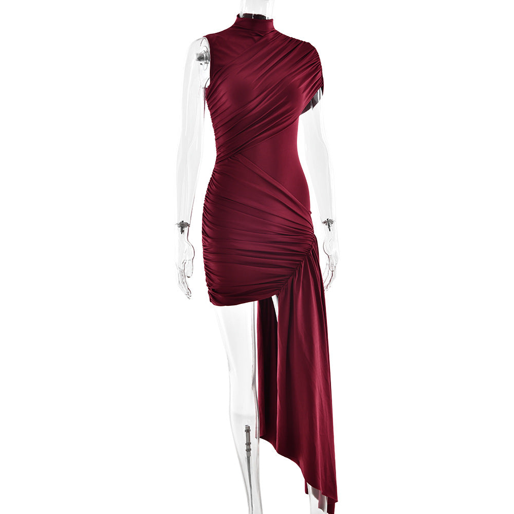 Mock Neck Asymmetric Drape Ruched Mini Dress 8