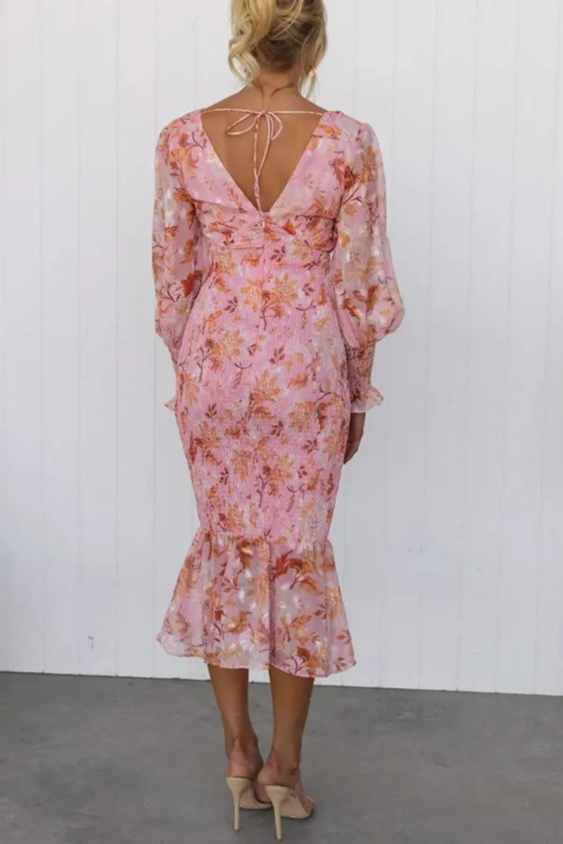 Floral Print Deep V-Neck Balloon Sleeve Smocked Trumpet Hem Midi Dress 6