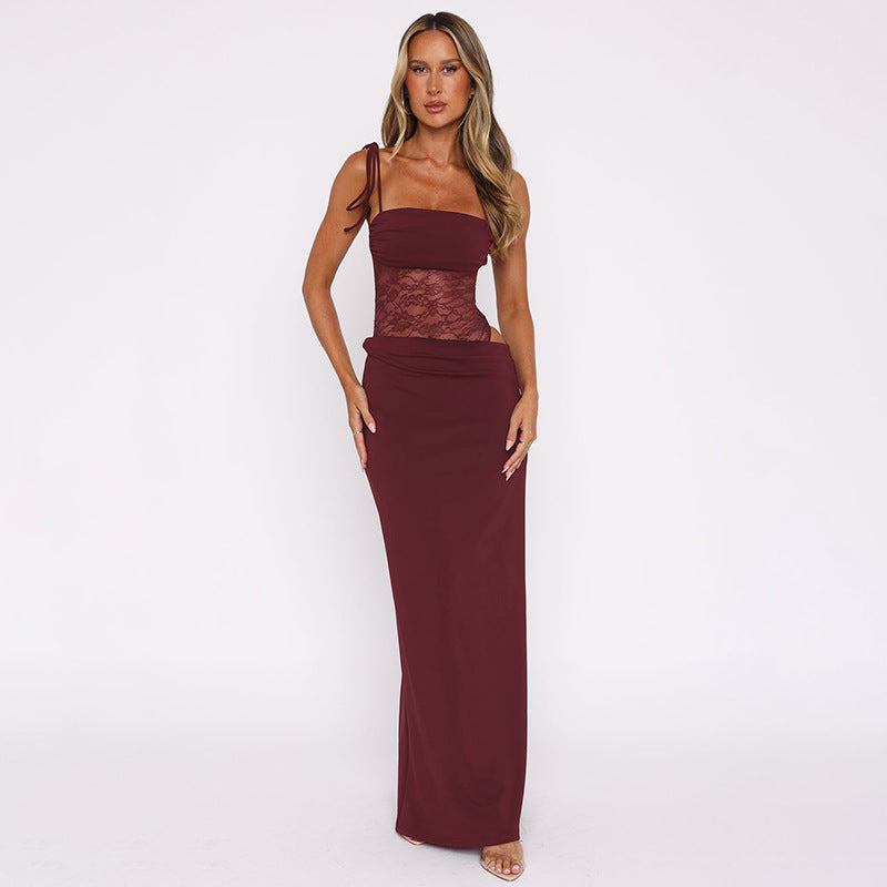 Spaghetti Strap Square Neck Lace Waist Panel Bodycon Maxi Dress 9