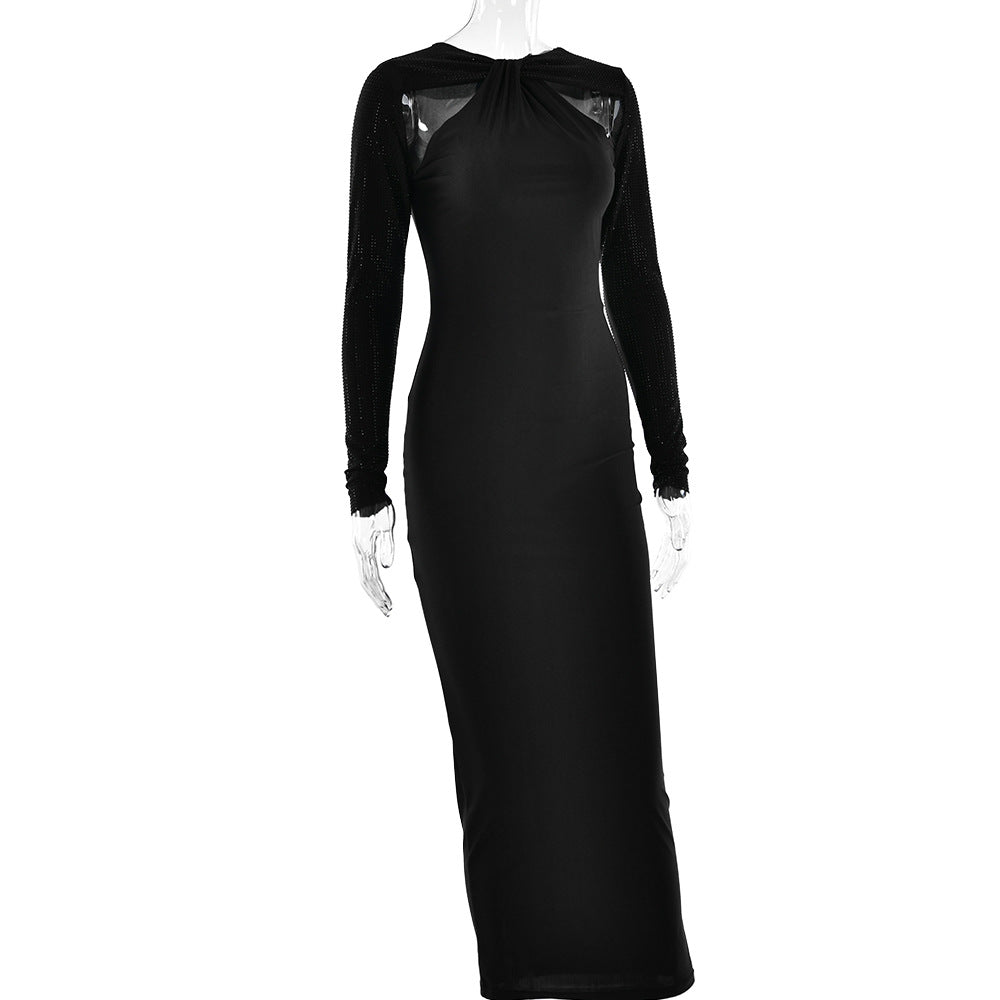 Halter Neck Shoulder Cutout Beaded Sleeve Maxi Gown 10
