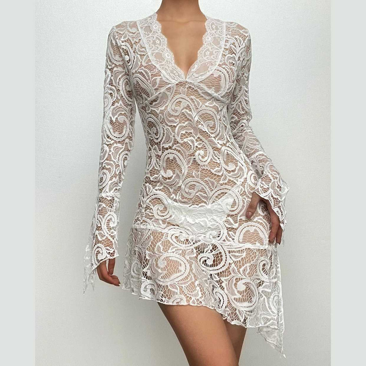 Floral Lace Bell Sleeve Handkerchief Hem V-Neck Mini Dress 12