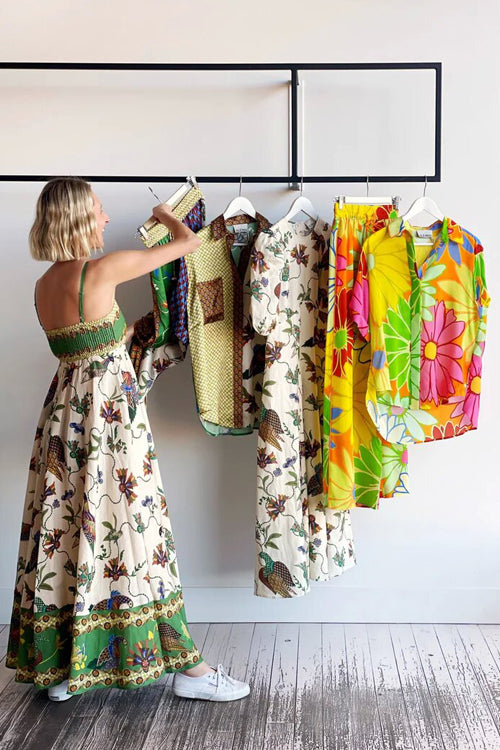 Spaghetti Strap Empire Waist Bird Botanical Border Print Pocket Maxi Dress 2