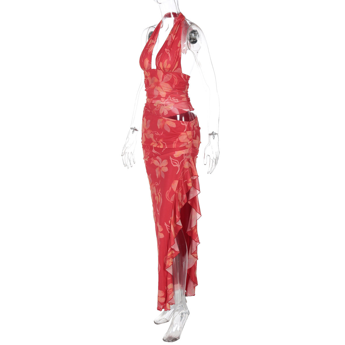 Halter Plunging V Neck Floral Ruched Ruffle Side Slit Maxi Set 9
