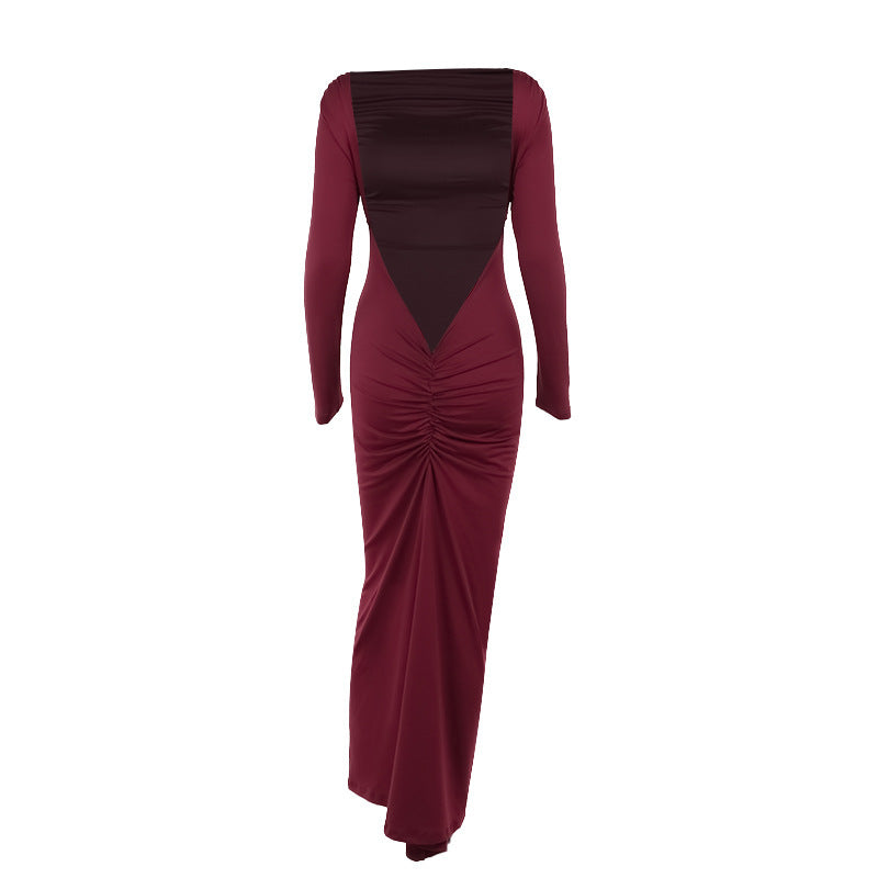 Long Sleeve Deep Open Back Ruched Column Maxi Gown 9