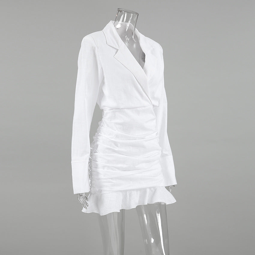 Deep V Notched Lapel Long Sleeve Ruched Blazer Mini Dress 9