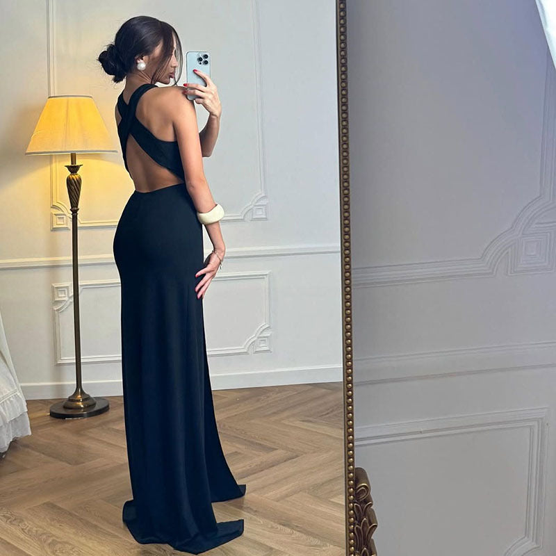 Halter Neck Cutout Waist Ruched Satin Column Maxi Dress 9