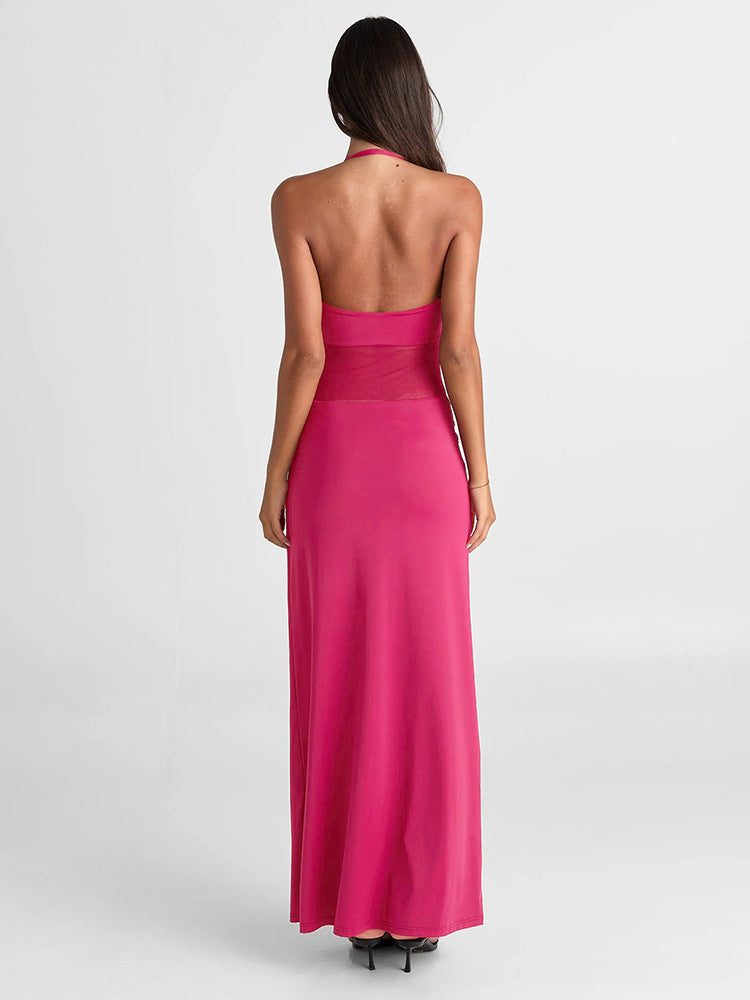 Halter Mesh Panel Midriff Ruched Waist Column Maxi Gown 9
