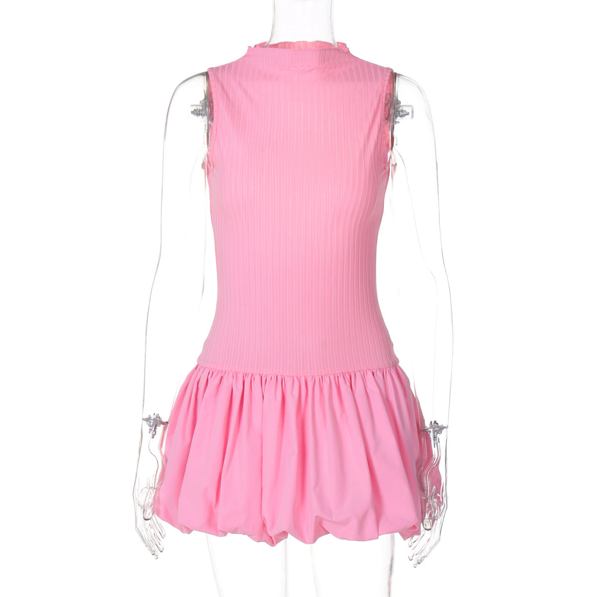 Mock Neck Sleeveless Ribbed Knit Drop Waist Bubble Hem Mini Dress 9