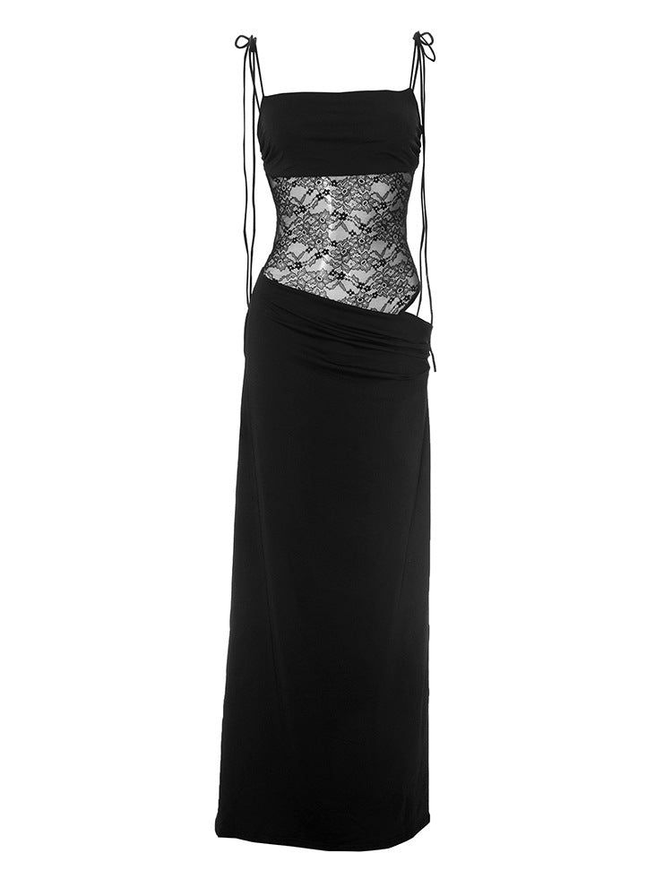 Spaghetti Strap Floral Lace Midriff Panel Column Maxi Dress 9